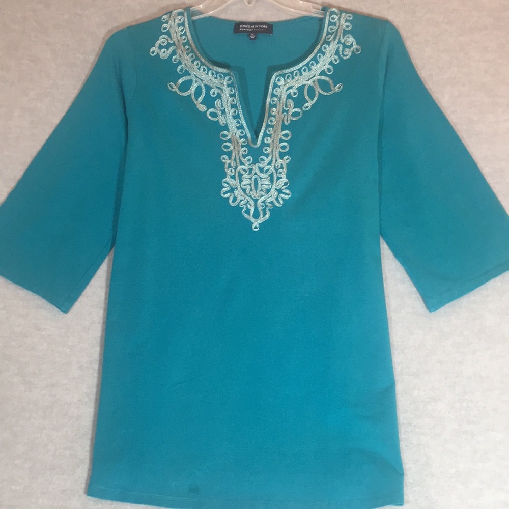 JONES NEW YORK Soft Comfy Cotton Spandex Stretchy Knit Metallic Trim Tunic Top